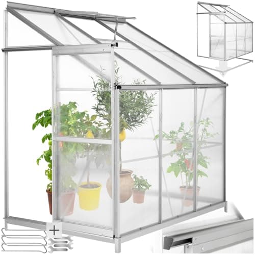 Image of tectake® Lean to Greenhouse, 192x128x202 cm, Polycarbonate Aluminium Growhouse, UV-Resistant, Heat-Insulating, with Sliding Door & Window, for Fruit, Vegetables & Plants, Incl. Greenhouse Base