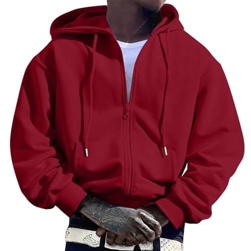 Image of Hoodies for Men Mens Zip Up Hoodie Long Sleeve Fleece Full Zip Hooded Sweatshirt Pullover With Pocket (Red, M)