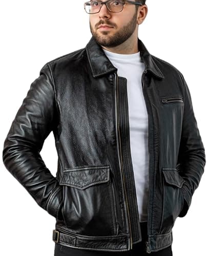 Image of Aviator Styled Mens Leather Jacket | With Dual Access Front Pockets | Vintage Black Leather Jacket | Motorbike Real Leather Jacket Mens | 3X-Large