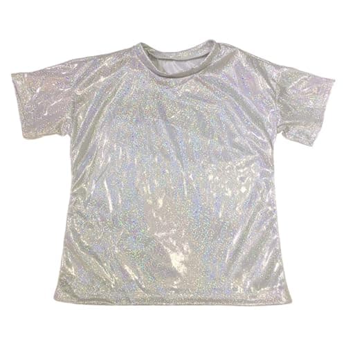 Image of T Shirt Kids Unisex Metallic Dance Shirt with Sequins Reflective Print Loose Fit Short Sleeve for Kids Boys Girls Teens Stage Costumes Casual Streetwear Fashion, silver, 9-10 Years
