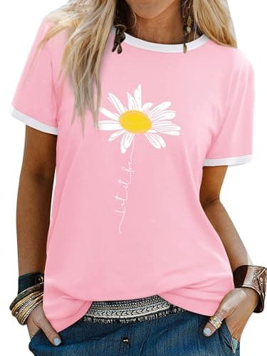 Image of Dresswel Women Let It Be T Shirt Daisy Flower Graphic Print T-Shirt Crew Neck Short Sleeve Tee Tops(2-Light Pink,L)