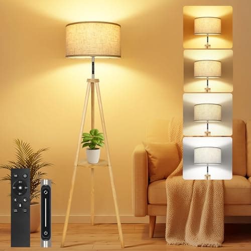 Image of OUTON Solid Wooden Tripod Floor Lamp, Touch Control, Standing Lamp with Remote Control, Dimmable & 4 Color Temperatures, 1H Timer, Floor Lamp with Storage Shelf Linen Shade for Living Room Bedroom