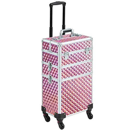 Image of Yaheetech Rolling Makeup Train Case 3 in 1 Makeup Trolley Professional Cosmetic Case with Large Storage & 360° Wheels Hairdressing Beauty Case, Pink