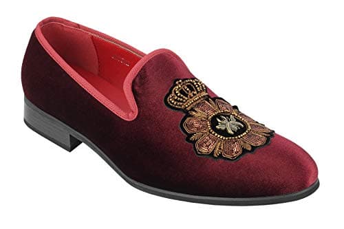 Image of Xposed Mens Velvet Loafers Bee & Crown Embroidered Motif Vintage Dress Shoes Slip on Slippers[A2556H,8UK,Maroon]