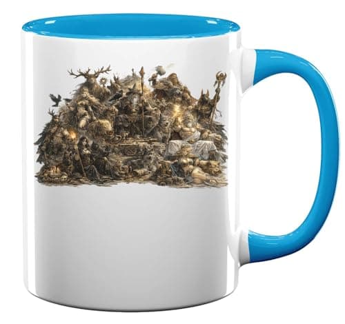 Image of Mythical Gods and Warrior Figures Ceramic Tea Coffee Mug Light Blue