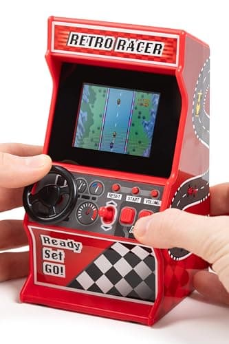 Image of Mini Arcade Racing Machine: Handheld Console with 30 Pre-loaded 8-Bit Games, 2.4" LCD Screen, Steering Wheel, Gear Stick, Control Buttons, Games Console by Thumbs Up!