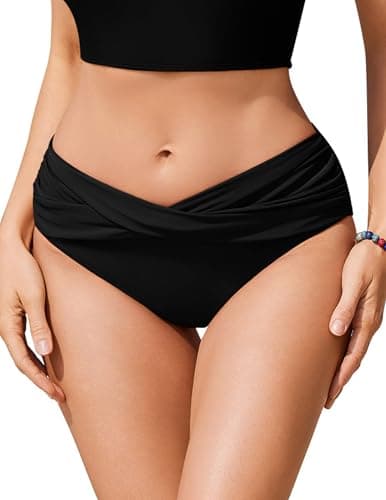 Image of Ekouaer Women's Bikini Bottoms Swim Pants Twist Front Ruched Swimsuit Basic Swimwear Black M