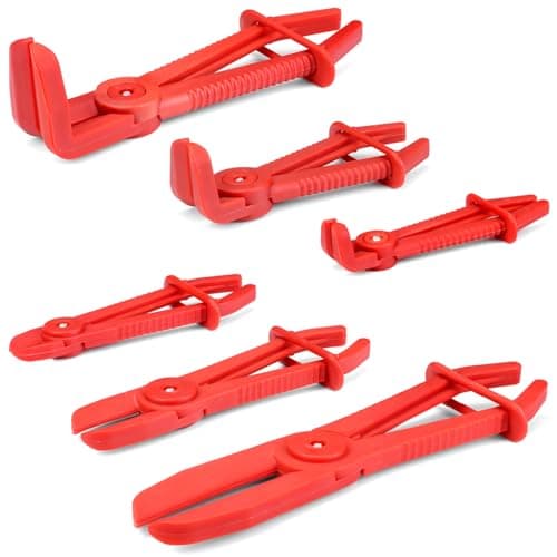 Image of QWORK® 6Pcs Hose Clamp Plier Set: Straight & 90° Clips and Pliers for Flex Hoses, Brake, Fuel, Gas Lines & Radiator