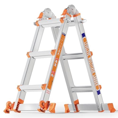 Image of Moonlight Manor 3 Step Multi-Purpose Ladder, 3.35m Extension Ladder with Stabilizer Bar & Wheels, 150kg Load Capacity, Safety A-Frame Ladder for Stairs, Home, Indoor and Outdoor, Roof