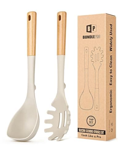 Image of Silicone Soup Ladle and Spaghetti Spoon Set with Wooden Handle, Non Stick Heat Resistant Kitchen Utensils for Cooking, Stirring, Serving Pasta, Soup & Sauce(Khaki)