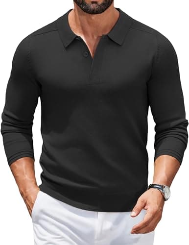 Image of COOFANDY Men's Jumper Polo Pullover Knitted Poloshirt Long Sleeve Sweatshirt Regular Fit Winter Sweater Solid Color Tops Casual Smart Black M