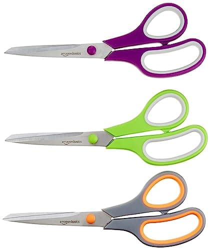 Image of Amazon Basics Stainless Steel Scissors, Comfort Grip Multi-Functional Utility, Multipurpose, PVD Coated, Pack of 3, Office, Home, Kitchen, Multicolor