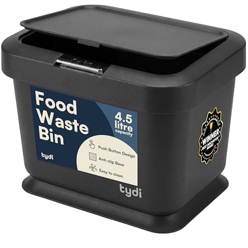 Image of Tydi 4.5L Food Waste Bin with Press-Button Lid – Compost Bins for Kitchen - Anti-Slip Base and Secure Lid Kitchen Compost – Small Indoor Caddy for Cupboard or Countertop – Dark Grey