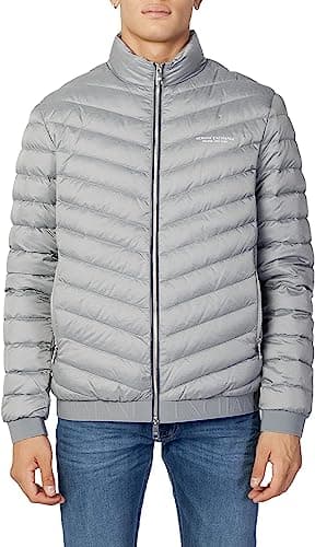 Image of Armani Exchange Men's Quilted Down Milano/New York Logo Zip-up Jacket Down Alternative Coat, Melange Grey/Navy, L