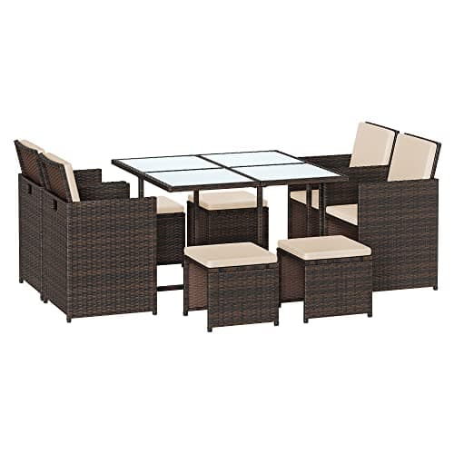 Image of SONGMICS Garden Furniture Set Dining Table and Chairs, Set of 9 PE Rattan Outdoor Patio Furniture, Dining Furniture, Glass Top Coffee Table, with Cushions, Space-Saving, Brown and Beige GGF091K02