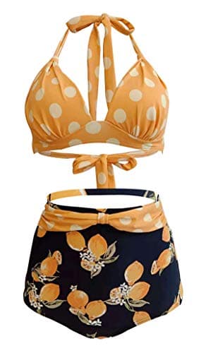 Image of Bslingerie® Women Halter Retro High Waisted Bikini Swimsuit 2 Pcs Set (Yellow Floral, XL)