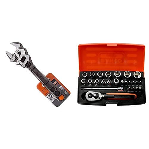 Image of Bahco BHADJUST 3 ADJ3 Set of 3 Adjustable Wrenches (8070/8071 / 8072), Grey, 16 Degree Head Angle & SL25 Socket Set 25 Piece 1/4 Inch Drive