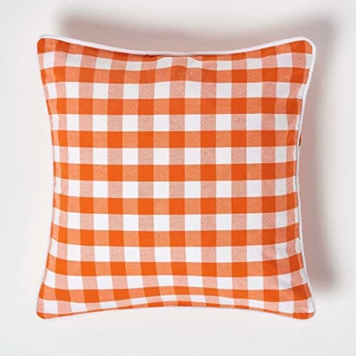 Image of HOMESCAPES Orange and White Gingham Cushion Cover 45 x 45 cm (18” x 18”) Block Check Pattern 100% Cotton Decorative Square Cushion