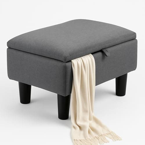 Image of YORKING Footstool with Storage, Small Ottoman Stool, Fabric Footstool with Padded Seat, Sofa Footrest Extra Seating for Living Room Bedroom Entryway, 15.7"×11.8"×9.4", Dark Grey