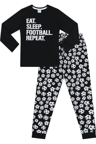 Image of ThePyjamaFactory Boys Eat Sleep Football Repeat White Long Cotton Pyjamas (10-11 Years)