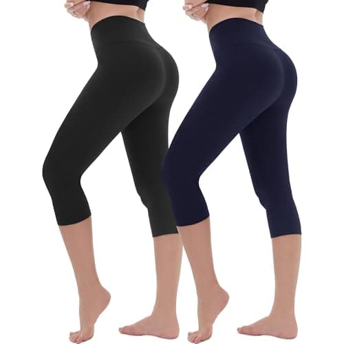 Image of AMIYOYO Cropped Leggings for Women 2 Pack High Waisted 3/4 Length Capri Leggings White Tummy Control Workout Yoga Gym Activewear