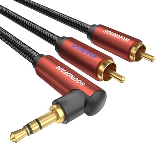 Image of SOUNDFAM 90 Degree 3.5mm to 2 RCA Audio Cable, Braided Aux to RCA Stereo Cable Gold Plated Connectors for Home Theater, Hi-Fi System, Car Audio Wine Red (3m)