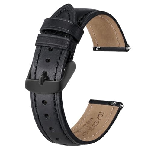 Image of BISONSTRAP Retro Leather Watch Straps for Men, Oil Waxed Calfskin Replacement Band, Quick Release, 20mm, Black (Black Buckle)