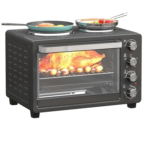 Image of HOMCOM 28L Mini Oven with 2 Hot Plates, Countertop Toaster Oven, Grill, Roast, Bake, Boil, with Timer, Adjustable Temperature, Electric Oven with Baking Tray, Grill Rack, Crumb Tray, 2600W, Black