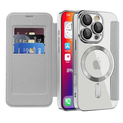 Image of IMIRST Magnetic Case for iPhone 13 Pro, [Compatible with MagSafe] Premium Flip Leather Card Holder with RFID Blocking Clear Shockproof Phone Case Cover for Apple iPhone 13 Pro, WD Silver
