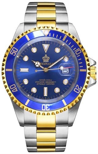 Image of REGINALD Mens Luminous Watch Rotatable Bezel Sapphire Glass Blue Dial Gold Stainless Steel Quartz Watches