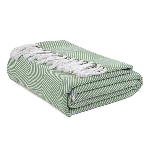 Image of EHC Herringbone Twill Throw, Handwoven Cotton Throws for Sofas Bed Sofa Settee Couch Reversible Bed Cover Over Blanket, Single 127 x 152cm, Ivory/Green
