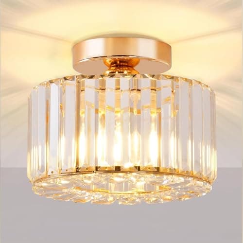 Image of Seruno X Crystals Ceiling Light, Gold Modern Ceiling Lighting Living Room Industrial Chandelier Semi Flush Mount Ceiling Lights for Bedroom Kitchen Bathroom Foyer Bar Dining Room Hallway