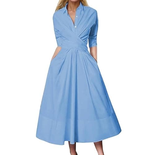 Image of Generisch Women's Dresses with Long Sleeves, Collar, Belt Pleated Pockets for Work Long Dress Women's Summer Long Sleeve, blue, L