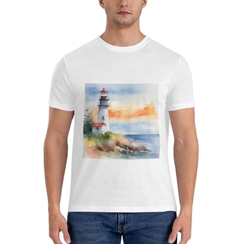 Image of Basic Lighthouse Print Men's Short Sleeve T-Shirt,Classic Essential,Soft Cotton for Family, Friends White