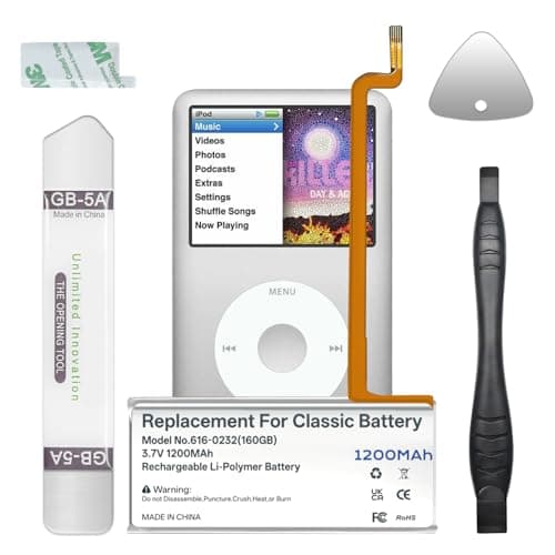 Image of 616-0232 Battery Replacement, 1200mAh High Capacity Battery with Tools for iPod Classic 5th/6th/7th Generation (A1238, A1136) - Compatible with 30GB, 80GB, 120GB, 160GB Models