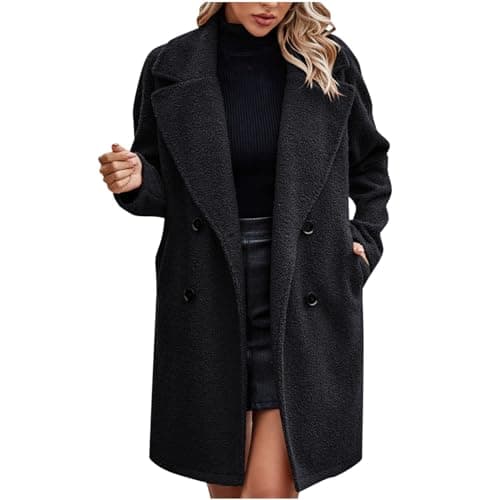 Image of Zeiayuas Fleece Jacket Women Sherpa Plush Coat Winter Thick Thermal Outwear Teddy Bear Coats Mid Length Overcoat Warm Soft Fur Outerwear Ladies Open Front Long Jackets Fluffy Overcoat with Pockets