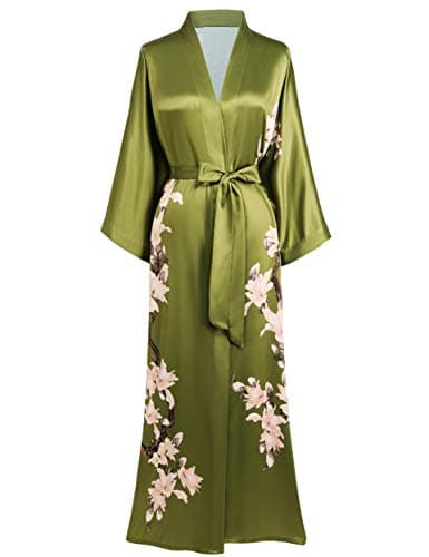 Image of BABEYOND Kimono Dressing Gown Floral Printed Kimono Robe Long Satin Kimono Dress Cover Up for Women Wedding Pyjamas Party 135cm/53inches (Green)
