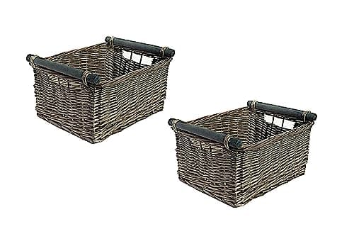 Image of Topfurnishing Kitchen Log Wicker Storage Basket With Handles Xmas Empty Hamper Basket (Set of 2 Medium, OAK) 38 X 30 X 18 cm