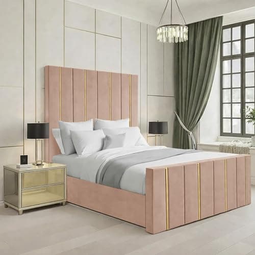 Image of 4FT Ottoman Small Double Bed Frame with 48” Headboard & Footboard | Pink Plush Velvet Bed Base Without Ottoman Storage | Modern Space Saving Bedroom Furniture | Easy Assembly