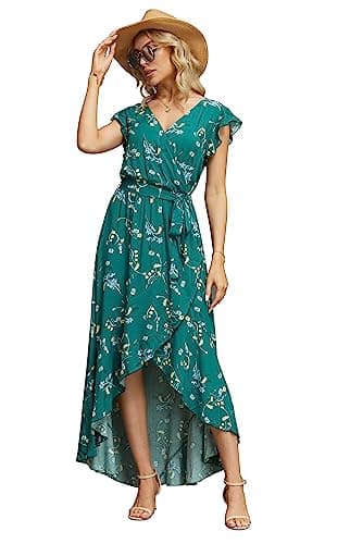 Image of GRECERELLE Womens Summer Maxi Dress Boho Floral Cocktail Midi Polka Dot Wrap Dresses V Neck Casual Party Bohemian Flowy Long Dress for Ladies (FP Dark Green, S)