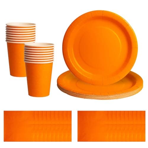 Image of 52pcs Orange Disposable Tableware Set - 20 Paper Napkins 16 Cups 16pcs 7inch Paper Plates | Biodegradable Solid Color Orange Dinnerware for Birthdays, Weddings, Kids Adult Christmas Party