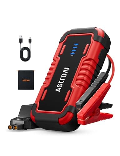 Image of AstroAI P8 Jump Starter Power Pack – Portable Car Battery Booster Jump Starter Power Bank for 12V Cars (10.0L Petrol / 8L Diesel), Motorbikes, Includes LED Flashlight, Red