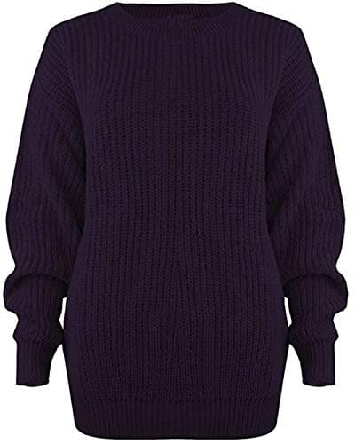 Image of Ladies Chunky Knitted Sweater Pullover for Womens Cosy Baggy Winter Crew Neck Jumper Thick Top Casual Pull On Style Sweater Purple 16-18