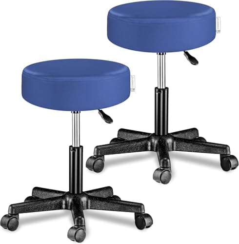 Image of CASARIA® 2x 35cm Blue Rolling Stool with Wheels | Height Adjustable | 360° Rotatable Padded Swivel Chair | Double Castors | Roll Stool | Comfortable Upholstered Seating | Office Workshop Salon