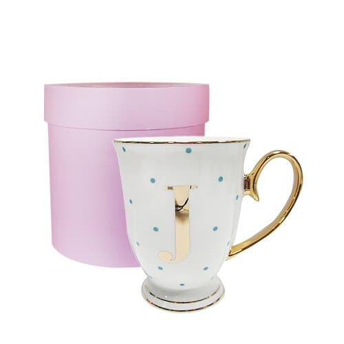 Image of Bombay Duck 13 x 13 x 12 cm Letter J Alphabet Spotty Metallic Mug with Aqua Spots, White/Gold