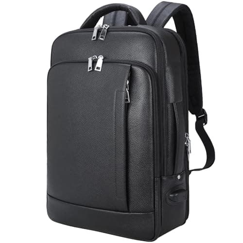 Image of TIDING Genuine Leather 15.6" Laptop Backpack for Men Expandable Business Work Bag Travel Rucksack Large Daypacks with USB Charging Port, Black