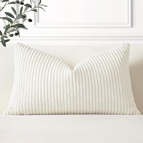 Image of Artscope Cozy Striped Corduroy Cushion Cover 30x50cm Super Soft Decorative Oblong Throw Pillow Covers Case for Sofa Couch Bedroom Car Decor 12 x 20 Inches, Cream White