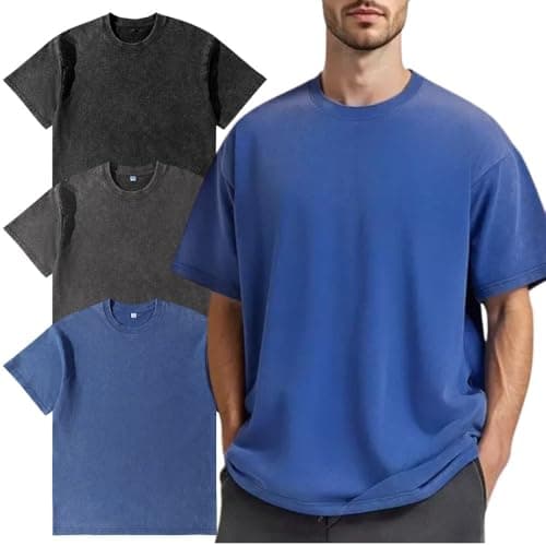 Image of Men’s Oversized T-Shirt,Pack of 3, Men's Basic Cotton T-Shirt Summer,Retro Washed Top, Unisex Fashion, Hip Hop Vintage Casual Tee Shirts Black Grey Navy 3XL