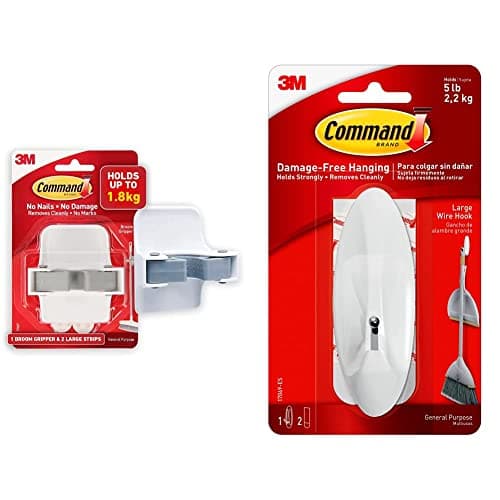 Image of Command 17007-ES Broom Gripper, 1 Broom holder and 2 Adhesive Strips, Suitable for storing brooms and mops up to 1.8 kg & 17069 Wire Hook with Strips - Large, White