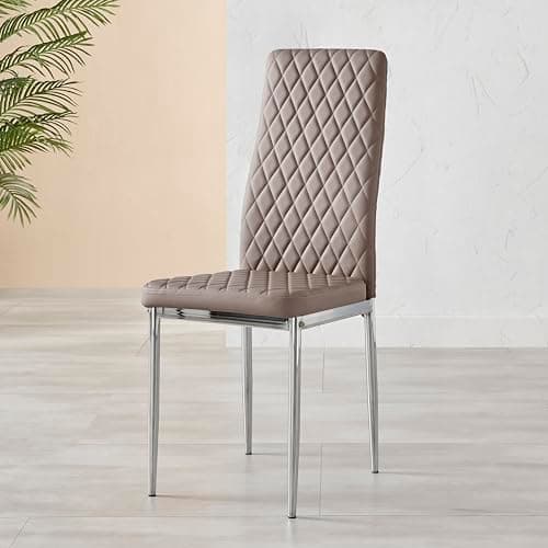 Image of Furniturebox UK Milan Dining Chair - Set of 4 or 6 Dining Chairs - Premium Dining Room Chairs - Contemporary & Luxurious Chrome Hatched Diamond Faux Leather Dining Seats (4x Cappuccino Grey Chairs)